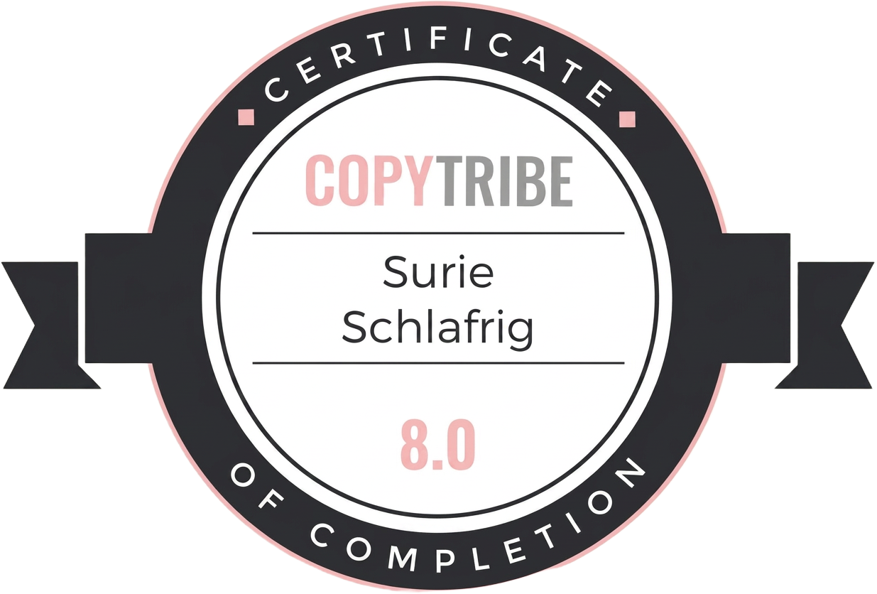 CopyTribe certificate of completion awarded to Surie Schlafrig